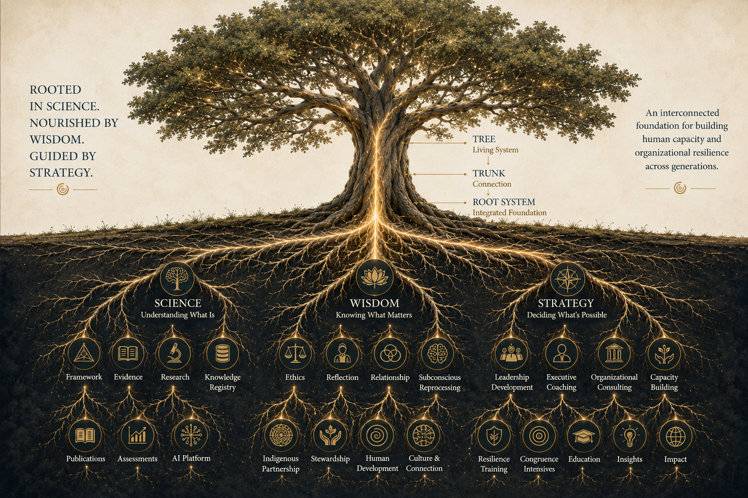 An oak tree with a luminous golden trunk and root system rooted in Science, Wisdom, and Strategy.